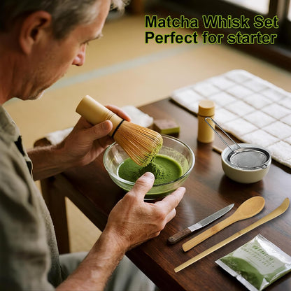 Matcha Whisk Set, Matcha Making Kit Whisk, Ceramic Whisk Holder, Bamboo Scoop, Powder Starter Sifter, Spoon Japanese Tea Tools Unique Gifts for Women/Men Mom/Dad, Birthday Gift for Friend/Family