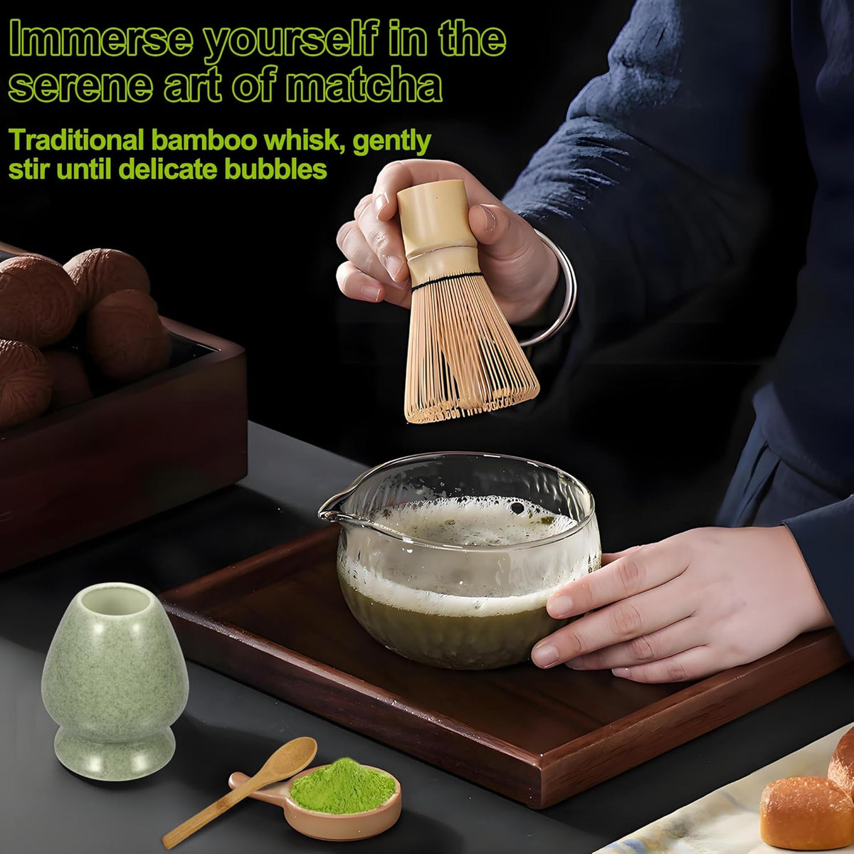 Matcha Whisk Set, Matcha Making Kit Whisk, Ceramic Whisk Holder, Bamboo Scoop, Powder Starter Sifter, Spoon Japanese Tea Tools Unique Gifts for Women/Men Mom/Dad, Birthday Gift for Friend/Family
