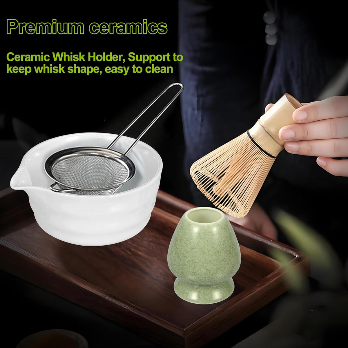 Matcha Whisk Set, Matcha Making Kit Whisk, Ceramic Whisk Holder, Bamboo Scoop, Powder Starter Sifter, Spoon Japanese Tea Tools Unique Gifts for Women/Men Mom/Dad, Birthday Gift for Friend/Family