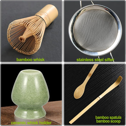 Matcha Whisk Set, Matcha Making Kit Whisk, Ceramic Whisk Holder, Bamboo Scoop, Powder Starter Sifter, Spoon Japanese Tea Tools Unique Gifts for Women/Men Mom/Dad, Birthday Gift for Friend/Family