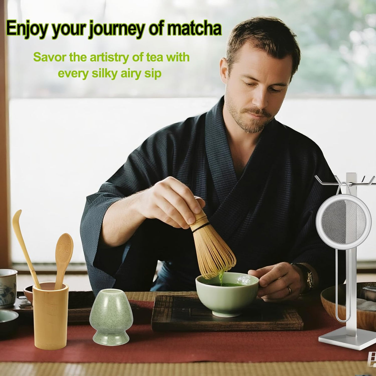 Matcha Whisk Set, Matcha Making Kit Whisk, Ceramic Whisk Holder, Bamboo Scoop, Powder Starter Sifter, Spoon Japanese Tea Tools Unique Gifts for Women/Men Mom/Dad, Birthday Gift for Friend/Family