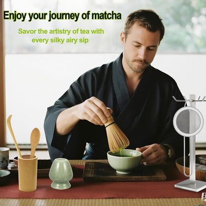 Matcha Whisk Set, Matcha Making Kit Whisk, Ceramic Whisk Holder, Bamboo Scoop, Powder Starter Sifter, Spoon Japanese Tea Tools Unique Gifts for Women/Men Mom/Dad, Birthday Gift for Friend/Family