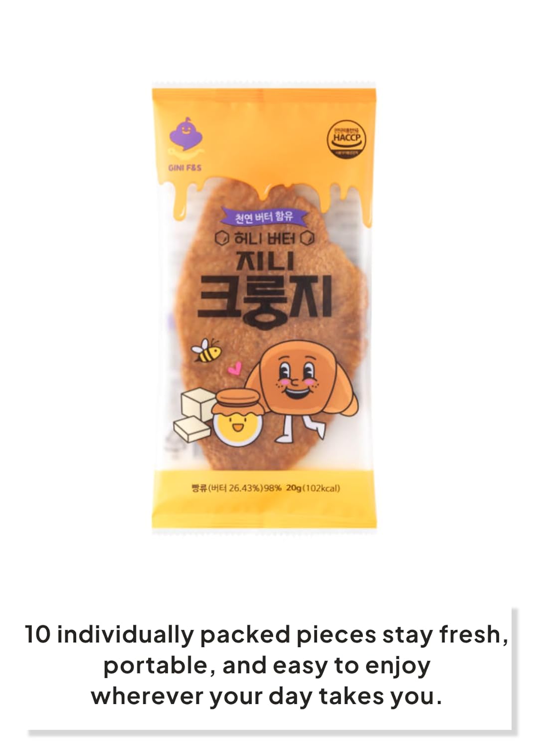Korean Food Flat Croissant Snack Original, Crispy Butter Bites, 10 Pack | Crispy buttery croissant bites, original Korean flavor, 10-pack individually wrapped snack, light 102-calorie treat