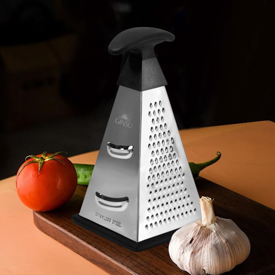 4-Sided Stainless Steel Box Grater, 9-Inch Multi-Function Shredder for Cheese, Vegetables, Spices & Chocolate, Pyramid Design with Non-Slip Base, Dishwasher Safe, Premium Kitchen Tool