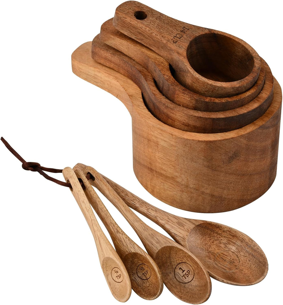 8-Piece Wooden Measuring Cups and Spoons Set, Solid Acacia Wood