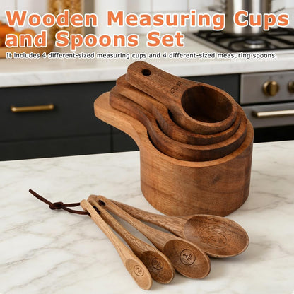8-Piece Wooden Measuring Cups and Spoons Set, Solid Acacia Wood