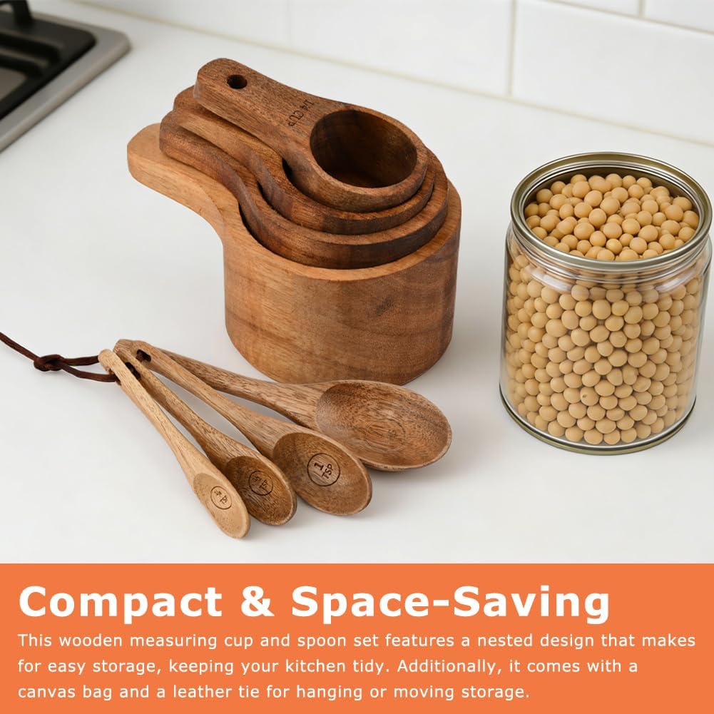 8-Piece Wooden Measuring Cups and Spoons Set, Solid Acacia Wood