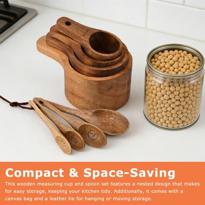 8-Piece Wooden Measuring Cups and Spoons Set, Solid Acacia Wood