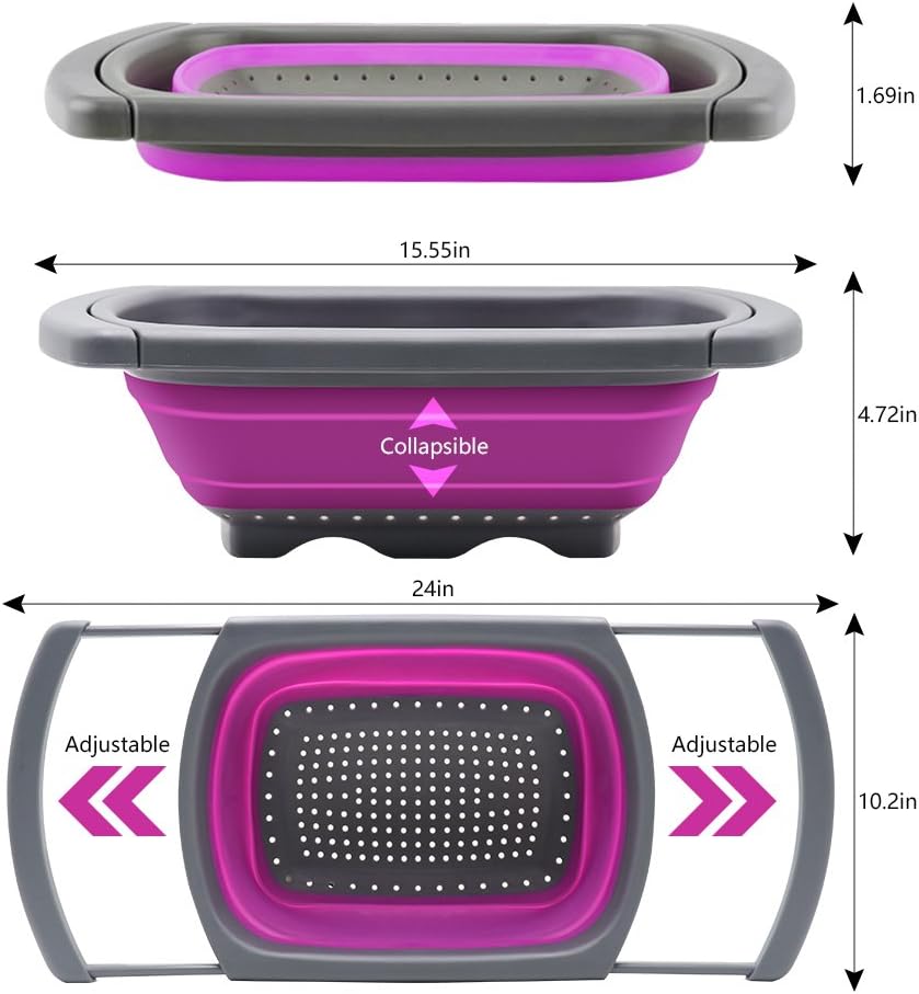 Colander collapsible, Colander Strainer Over The Sink Vegetable Fruit Strainer Basket (6 Quart) with Extendable Handles, New Kitchen Essentials