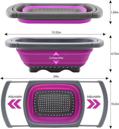 Colander collapsible, Colander Strainer Over The Sink Vegetable Fruit Strainer Basket (6 Quart) with Extendable Handles, New Kitchen Essentials