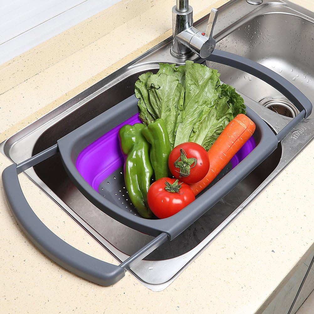 Colander collapsible, Colander Strainer Over The Sink Vegetable Fruit Strainer Basket (6 Quart) with Extendable Handles, New Kitchen Essentials