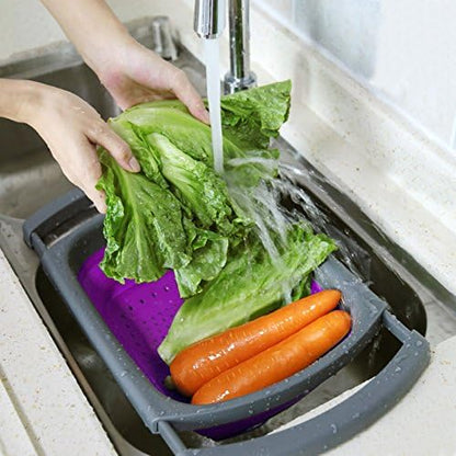 Colander collapsible, Colander Strainer Over The Sink Vegetable Fruit Strainer Basket (6 Quart) with Extendable Handles, New Kitchen Essentials