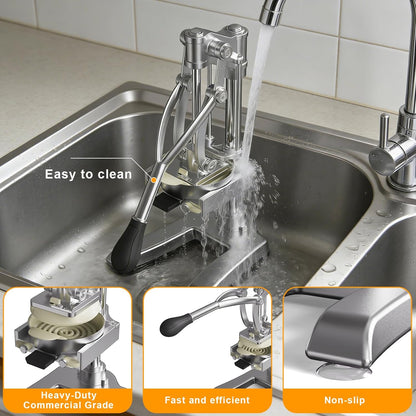 2-in-1 Commercial Manual Juicer & French Fry Cutter, Heavy Duty Cast Aluminum Citrus Press and Vegetable Chopper with 1/4", 3/8" & 1/2" Stainless Steel Blades for Potato, Orange & Lemon