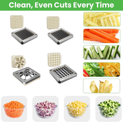 2-in-1 Commercial Manual Juicer & French Fry Cutter, Heavy Duty Cast Aluminum Citrus Press and Vegetable Chopper with 1/4", 3/8" & 1/2" Stainless Steel Blades for Potato, Orange & Lemon