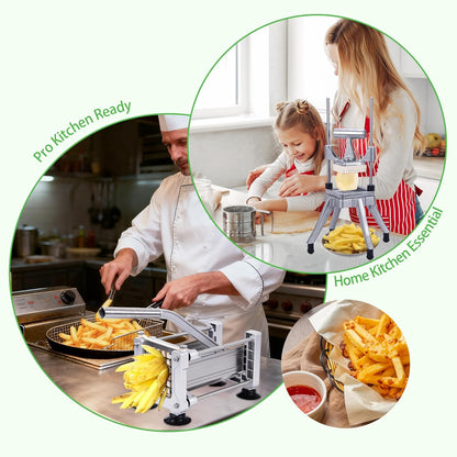 2-in-1 Commercial Manual Juicer & French Fry Cutter, Heavy Duty Cast Aluminum Citrus Press and Vegetable Chopper with 1/4", 3/8" & 1/2" Stainless Steel Blades for Potato, Orange & Lemon