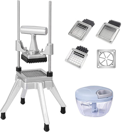 2-in-1 Commercial Manual Juicer & French Fry Cutter, Heavy Duty Cast Aluminum Citrus Press and Vegetable Chopper with 1/4", 3/8" & 1/2" Stainless Steel Blades for Potato, Orange & Lemon