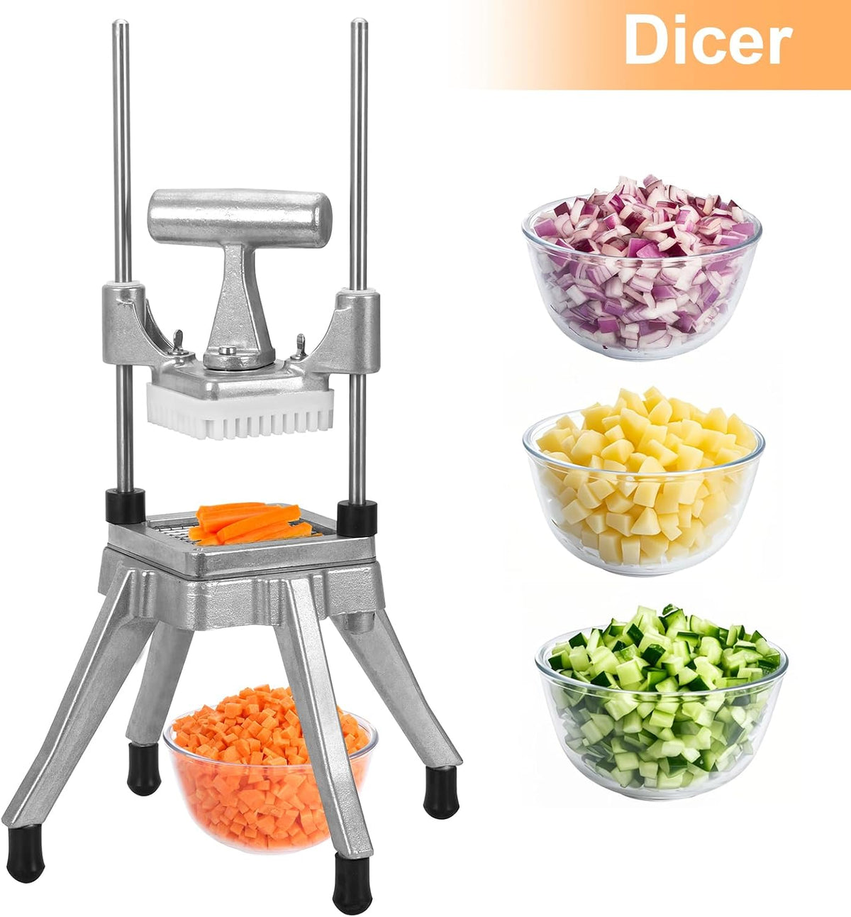 2-in-1 Commercial Manual Juicer & French Fry Cutter, Heavy Duty Cast Aluminum Citrus Press and Vegetable Chopper with 1/4", 3/8" & 1/2" Stainless Steel Blades for Potato, Orange & Lemon
