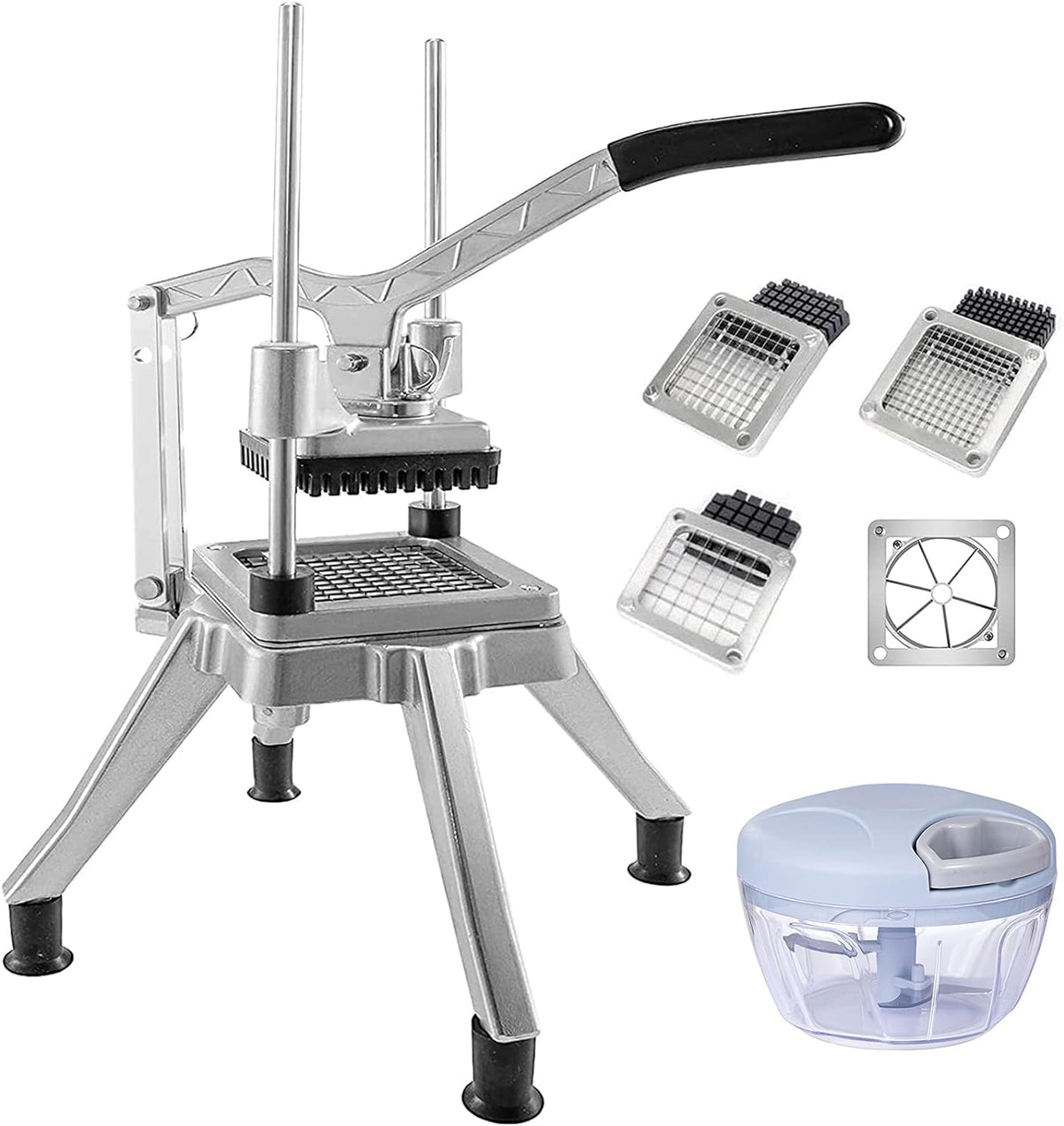 2-in-1 Commercial Manual Juicer & French Fry Cutter, Heavy Duty Cast Aluminum Citrus Press and Vegetable Chopper with 1/4", 3/8" & 1/2" Stainless Steel Blades for Potato, Orange & Lemon