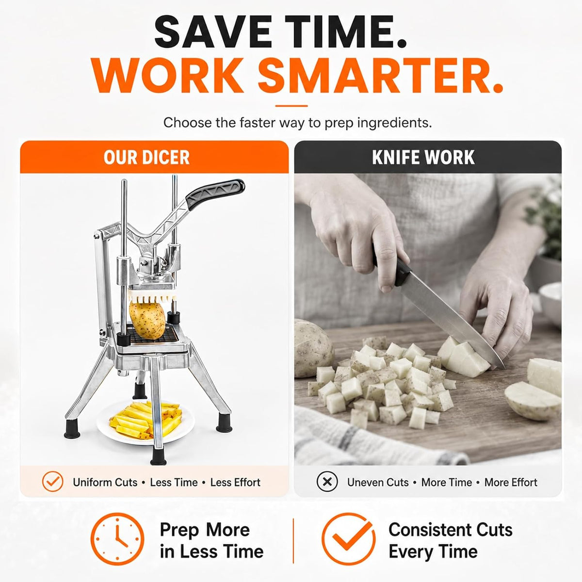 2-in-1 Commercial Manual Juicer & French Fry Cutter, Heavy Duty Cast Aluminum Citrus Press and Vegetable Chopper with 1/4", 3/8" & 1/2" Stainless Steel Blades for Potato, Orange & Lemon