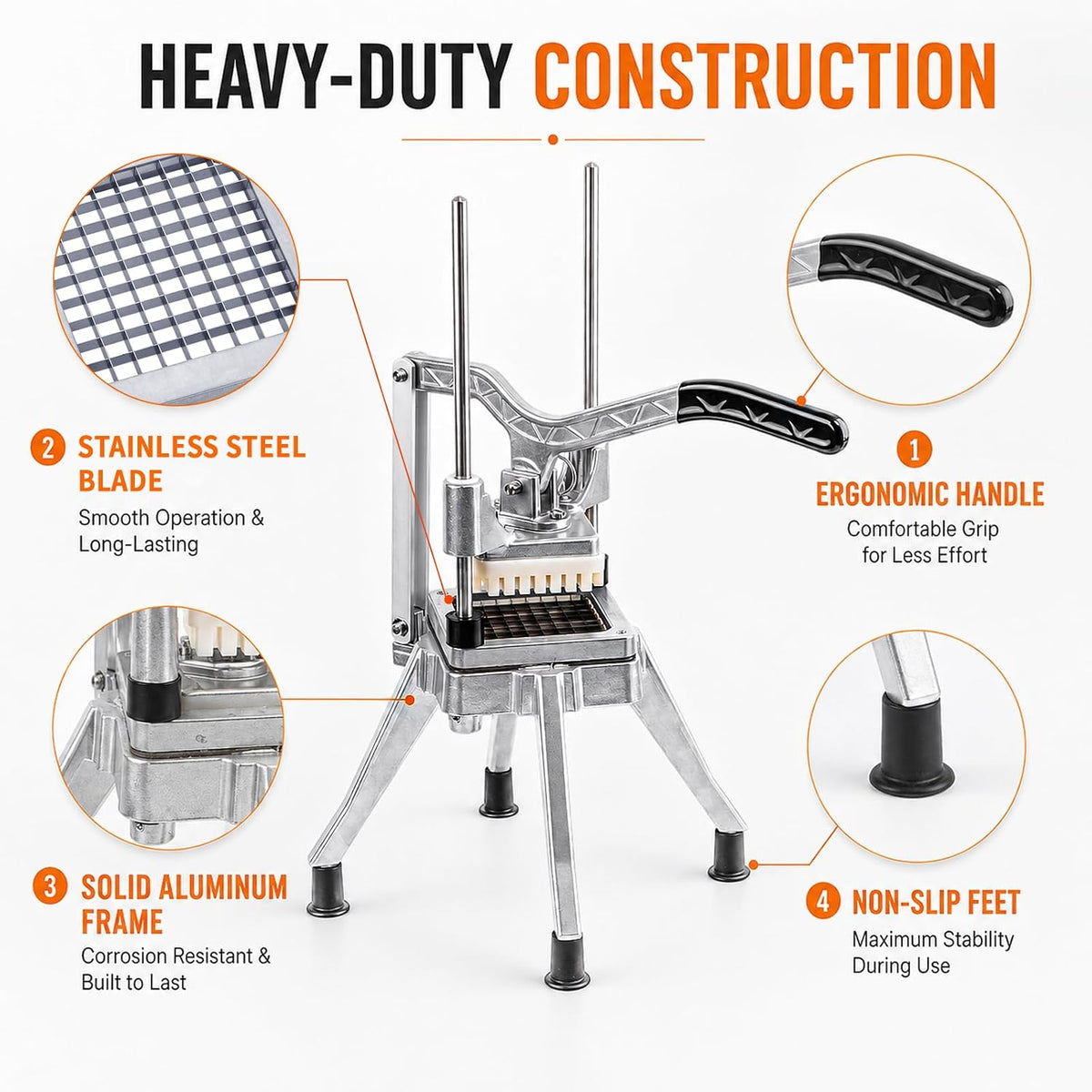2-in-1 Commercial Manual Juicer & French Fry Cutter, Heavy Duty Cast Aluminum Citrus Press and Vegetable Chopper with 1/4", 3/8" & 1/2" Stainless Steel Blades for Potato, Orange & Lemon