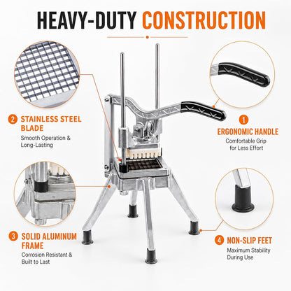 2-in-1 Commercial Manual Juicer & French Fry Cutter, Heavy Duty Cast Aluminum Citrus Press and Vegetable Chopper with 1/4", 3/8" & 1/2" Stainless Steel Blades for Potato, Orange & Lemon