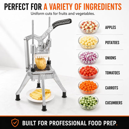 2-in-1 Commercial Manual Juicer & French Fry Cutter, Heavy Duty Cast Aluminum Citrus Press and Vegetable Chopper with 1/4", 3/8" & 1/2" Stainless Steel Blades for Potato, Orange & Lemon