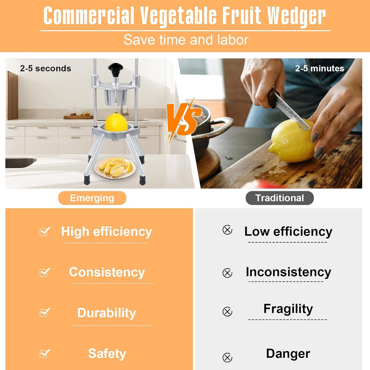 2-in-1 Commercial Manual Juicer & French Fry Cutter, Heavy Duty Cast Aluminum Citrus Press and Vegetable Chopper with 1/4", 3/8" & 1/2" Stainless Steel Blades for Potato, Orange & Lemon