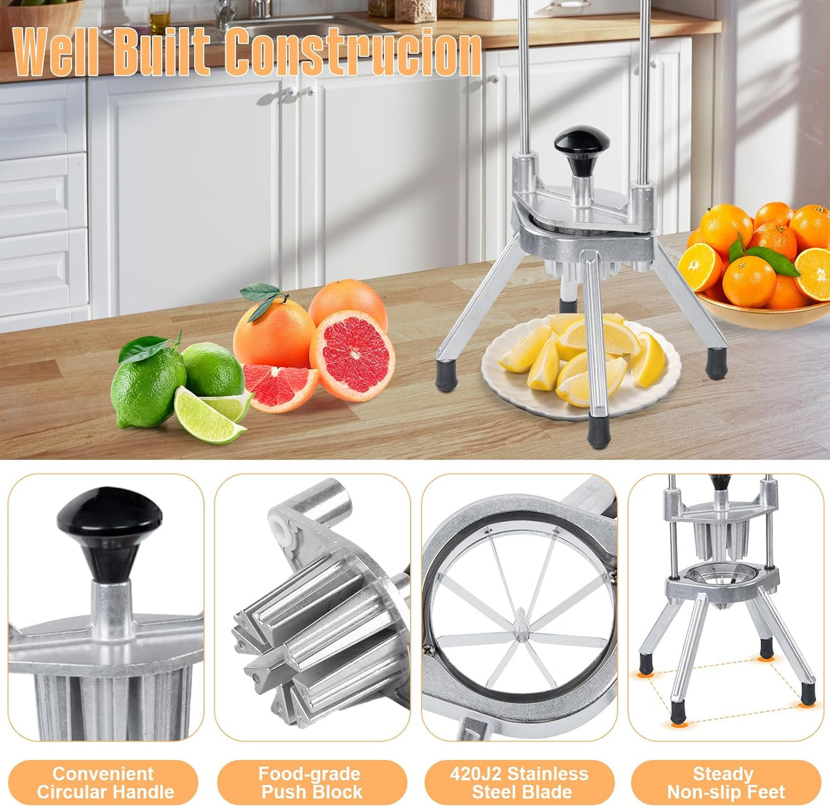 2-in-1 Commercial Manual Juicer & French Fry Cutter, Heavy Duty Cast Aluminum Citrus Press and Vegetable Chopper with 1/4", 3/8" & 1/2" Stainless Steel Blades for Potato, Orange & Lemon