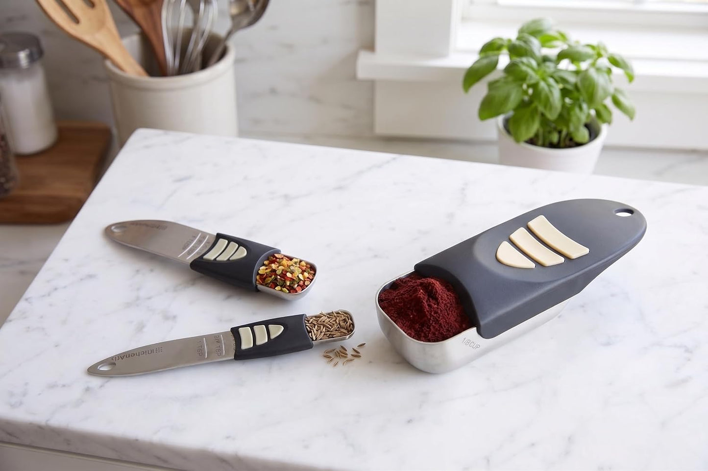 Cook’s Pro Adjust-A-Measure Set, 3-Piece, Satin,Black and Silver | Adjustable Measuring Teaspoon, Tablespoon, 1/2 Cup Scoop | All The Essentials For Baking & Cooking | Kitchen Gadgets & Gifts
