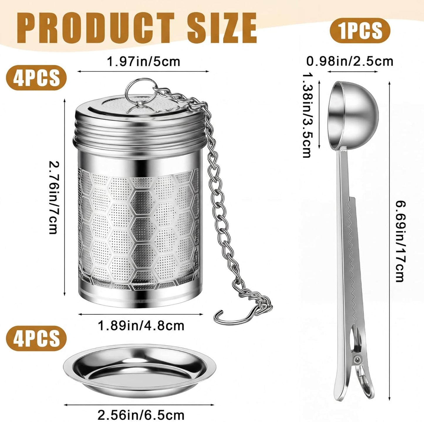 4 Pcs Tea Infuser Strainers for Loose Tea with Scoop, Extra Fine Mesh Steeper 304 Stainless Steel Diffuser Leaf Holder with Extended Chain Hook for Brew, Spices, Seasoning, Silver
