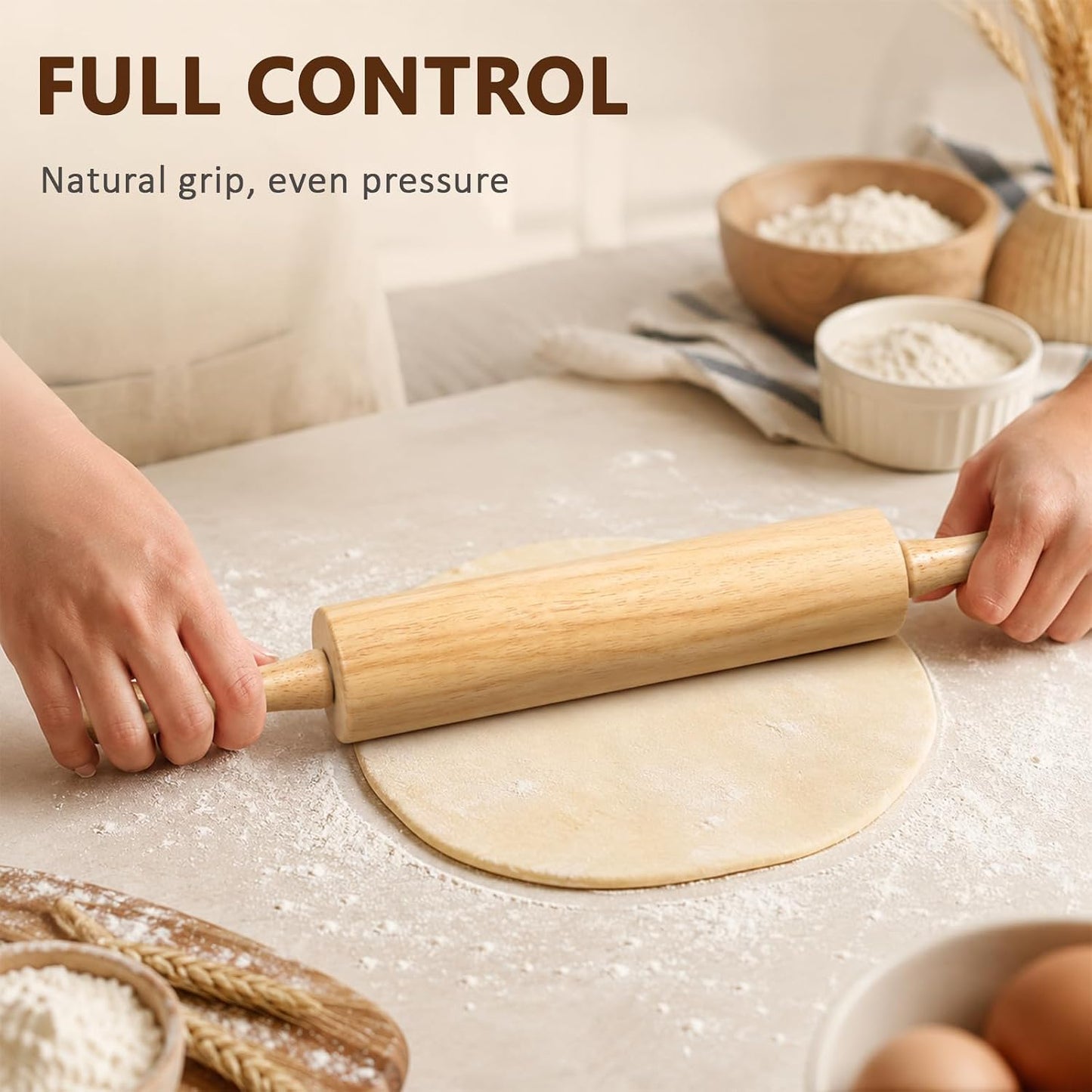 Natural Rubberwood Rolling Pin with Handles – Smooth Dough Roller for Pizza, Pie Crust, Cookies, Fondant & Tortillas – Durable Kitchen Baking Essential, Rodillo Para Masa
