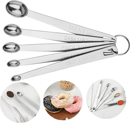 Measuring Spoons Set 5, Mini Measuring Spoons with 1/64 tsp Drop, 1/32 tsp Smidgen, 1/16 tsp Pinch & Dash & Tad Spice Measure Spoons,18/8 Stainless Steel Measuring Spoons for Kitchen & Baking