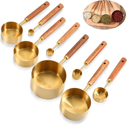 8 Pcs Gold Measuring Cups and Spoons Set, Black Stainless Steel Measurings Cups with Wooden Handle, Metal Measuring Spoons and Measurings Cup Set for Kitchen Cooking Baking