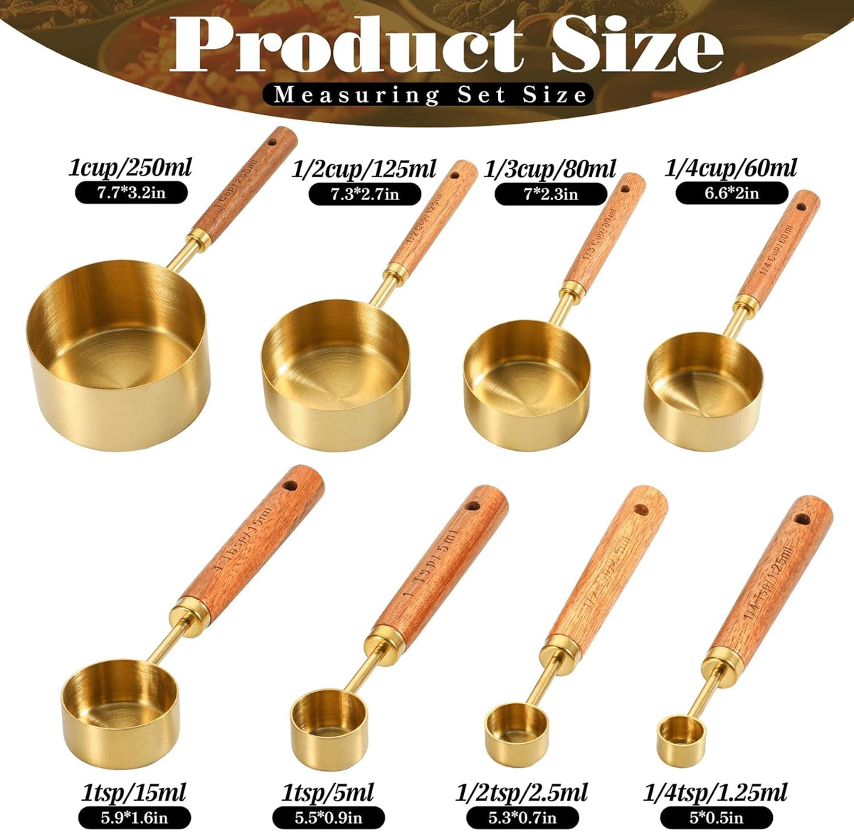 8 Pcs Gold Measuring Cups and Spoons Set, Black Stainless Steel Measurings Cups with Wooden Handle, Metal Measuring Spoons and Measurings Cup Set for Kitchen Cooking Baking