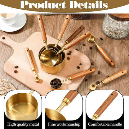 8 Pcs Gold Measuring Cups and Spoons Set, Black Stainless Steel Measurings Cups with Wooden Handle, Metal Measuring Spoons and Measurings Cup Set for Kitchen Cooking Baking