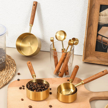 8 Pcs Gold Measuring Cups and Spoons Set, Black Stainless Steel Measurings Cups with Wooden Handle, Metal Measuring Spoons and Measurings Cup Set for Kitchen Cooking Baking