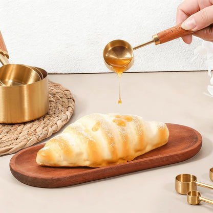 8 Pcs Gold Measuring Cups and Spoons Set, Black Stainless Steel Measurings Cups with Wooden Handle, Metal Measuring Spoons and Measurings Cup Set for Kitchen Cooking Baking