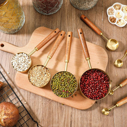 8 Pcs Gold Measuring Cups and Spoons Set, Black Stainless Steel Measurings Cups with Wooden Handle, Metal Measuring Spoons and Measurings Cup Set for Kitchen Cooking Baking