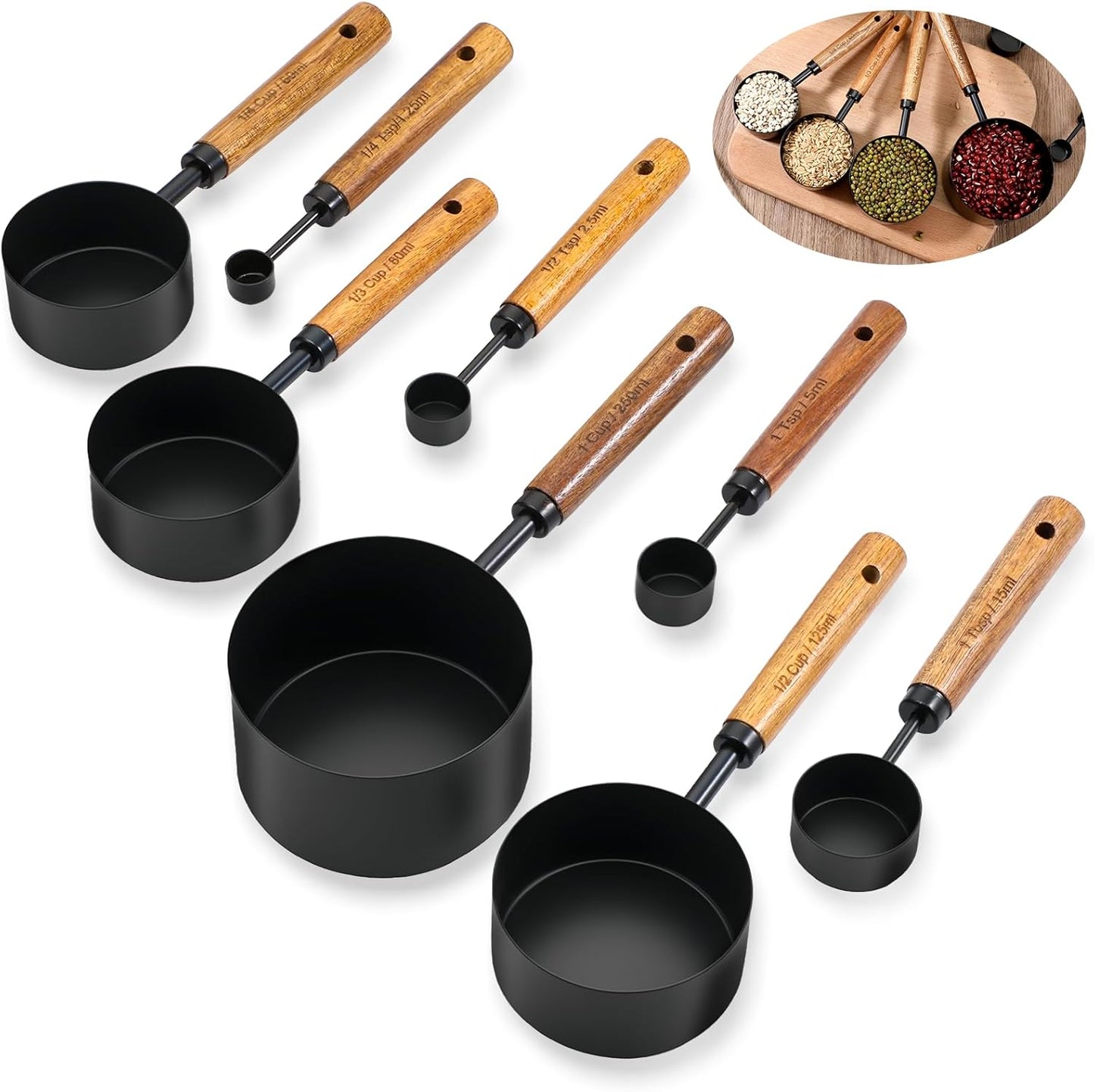 8 Pcs Gold Measuring Cups and Spoons Set, Black Stainless Steel Measurings Cups with Wooden Handle, Metal Measuring Spoons and Measurings Cup Set for Kitchen Cooking Baking