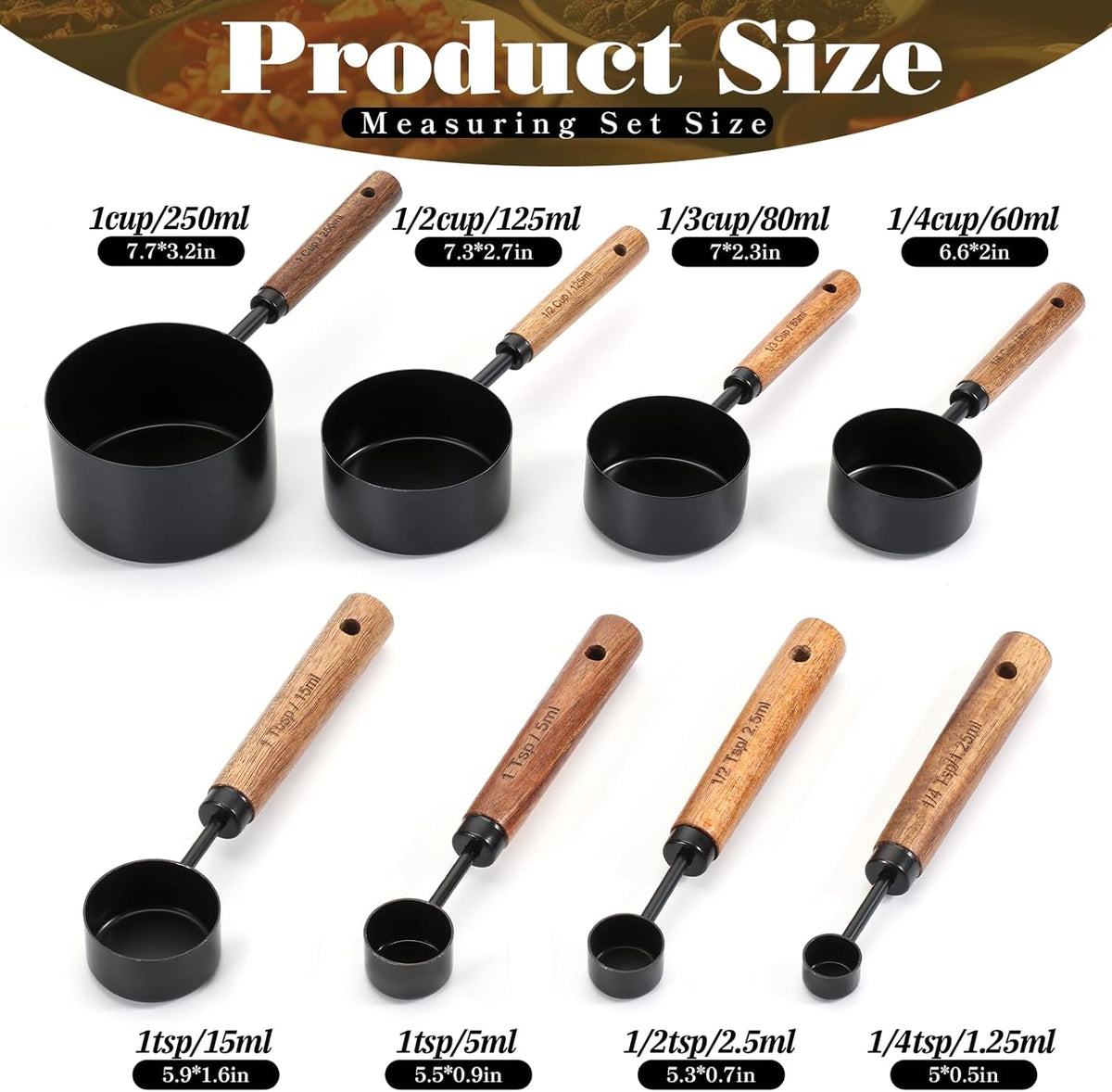 8 Pcs Gold Measuring Cups and Spoons Set, Black Stainless Steel Measurings Cups with Wooden Handle, Metal Measuring Spoons and Measurings Cup Set for Kitchen Cooking Baking