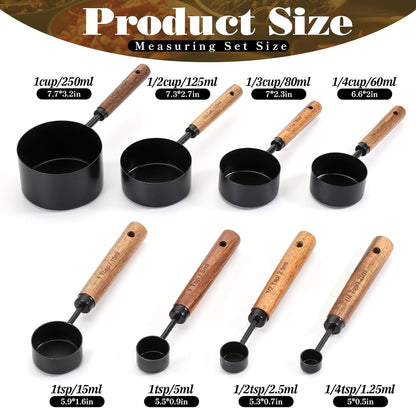 8 Pcs Gold Measuring Cups and Spoons Set, Black Stainless Steel Measurings Cups with Wooden Handle, Metal Measuring Spoons and Measurings Cup Set for Kitchen Cooking Baking