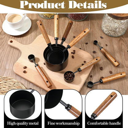 8 Pcs Gold Measuring Cups and Spoons Set, Black Stainless Steel Measurings Cups with Wooden Handle, Metal Measuring Spoons and Measurings Cup Set for Kitchen Cooking Baking