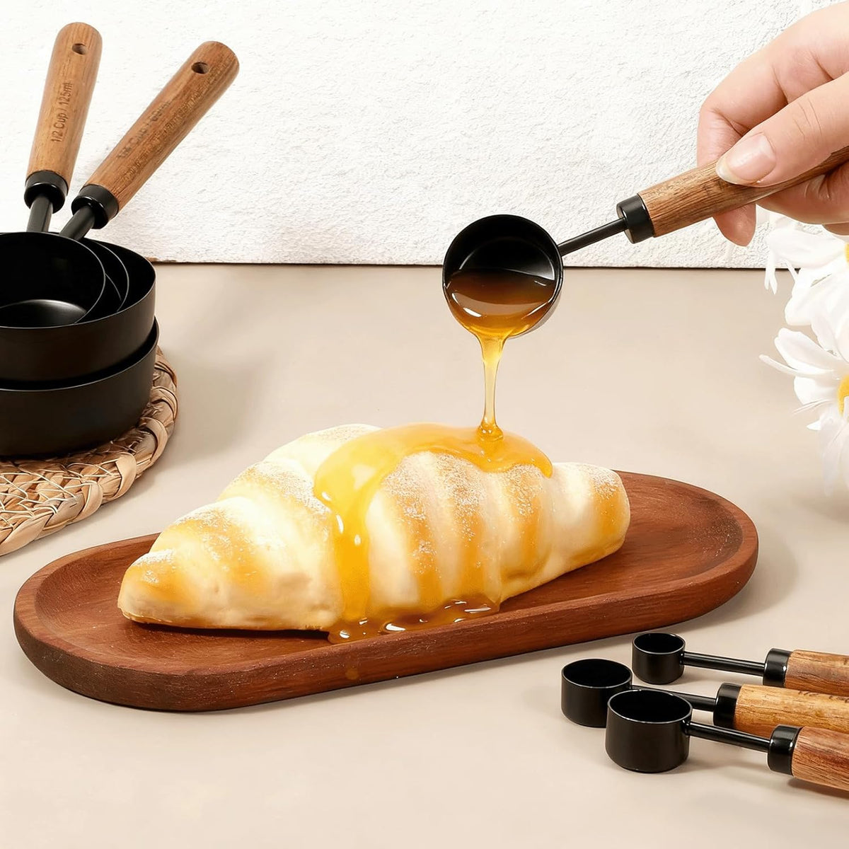 8 Pcs Gold Measuring Cups and Spoons Set, Black Stainless Steel Measurings Cups with Wooden Handle, Metal Measuring Spoons and Measurings Cup Set for Kitchen Cooking Baking
