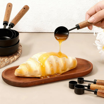 8 Pcs Gold Measuring Cups and Spoons Set, Black Stainless Steel Measurings Cups with Wooden Handle, Metal Measuring Spoons and Measurings Cup Set for Kitchen Cooking Baking