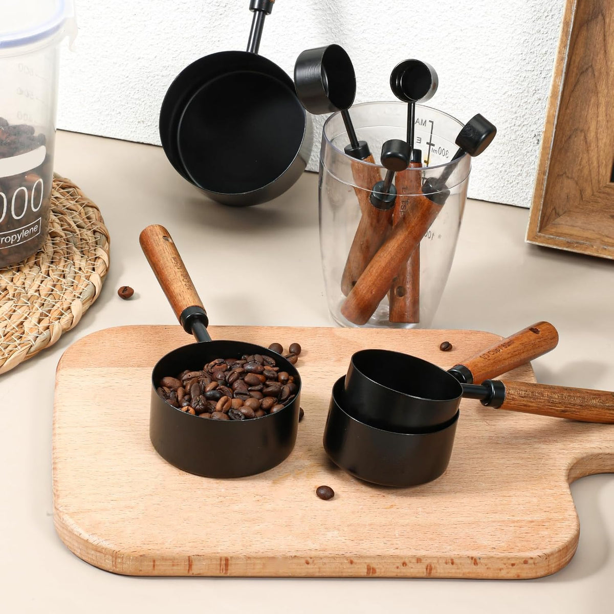 8 Pcs Gold Measuring Cups and Spoons Set, Black Stainless Steel Measurings Cups with Wooden Handle, Metal Measuring Spoons and Measurings Cup Set for Kitchen Cooking Baking