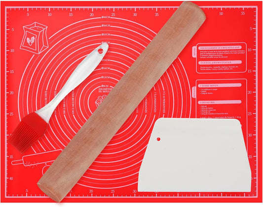 Silicone Baking Mat, Non-Stick Measured 18x24in Dough Mat | Flexible Silicone Mat Set With Rolling Pin,Dough Scraper and Brush,Ideal for Making Bread,Cookies,Pizza and Homemade Pastry