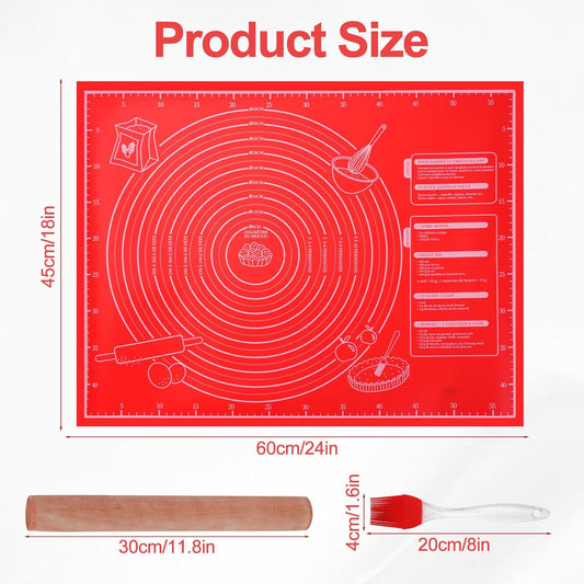 Silicone Baking Mat, Non-Stick Measured 18x24in Dough Mat | Flexible Silicone Mat Set With Rolling Pin,Dough Scraper and Brush,Ideal for Making Bread,Cookies,Pizza and Homemade Pastry