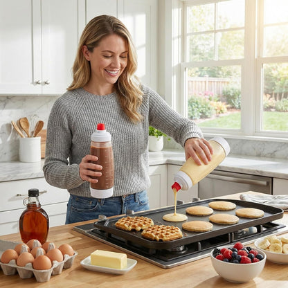 2-Pack Pancake Batter Dispenser & Mixer Bottle with Whisk Ball | BPA-free 34oz dispenser with heat-resistant silicone tip. Ideal for Blackstone griddles, waffles, crepes & cupcake baking.