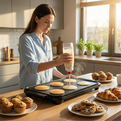 2-Pack Pancake Batter Dispenser & Mixer Bottle with Whisk Ball | BPA-free 34oz dispenser with heat-resistant silicone tip. Ideal for Blackstone griddles, waffles, crepes & cupcake baking.