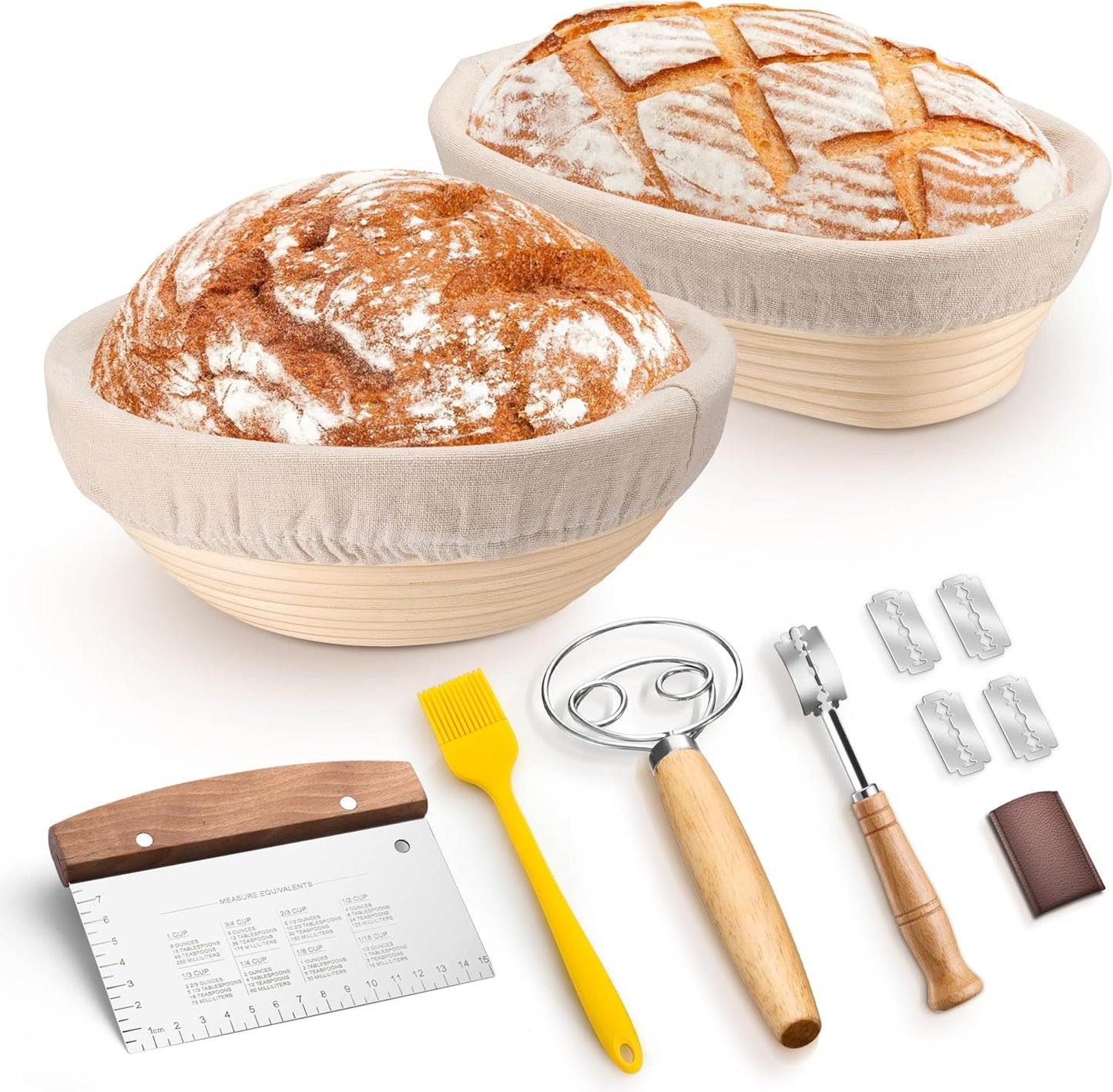 Sourdough Bread Baking Supplies, 9" Round & 10" Oval | Bread Proofing Basket Set with Liner, Sourdough Starter Kit for Bread Making, Bread Lame/Whisk/Dough Scraper/Basting Brush